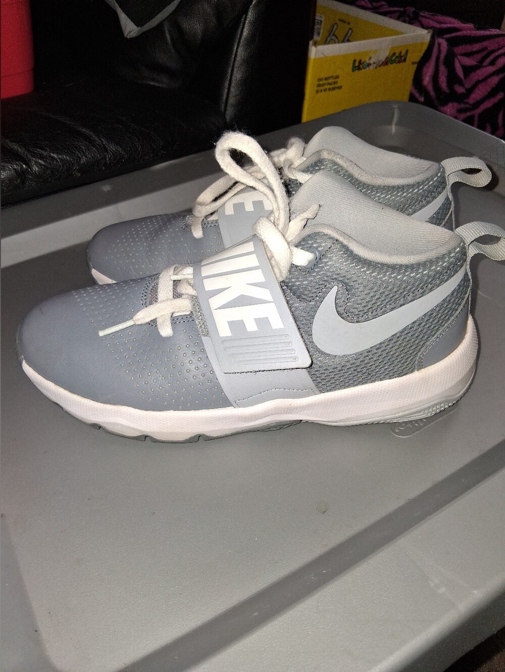 Nike Kids Grey and White Strap Athletic Sneakers
